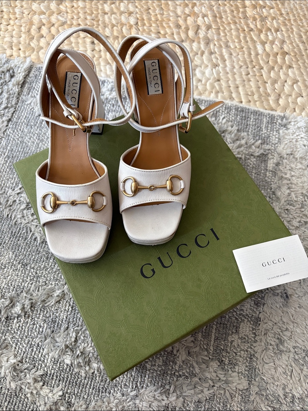 Gucci White Leather Horsebit Platform Sandal Heels